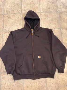 Vintage Carhartt J149 DKB Thermal Lined Zip Up Hoodie Brown XL Reg